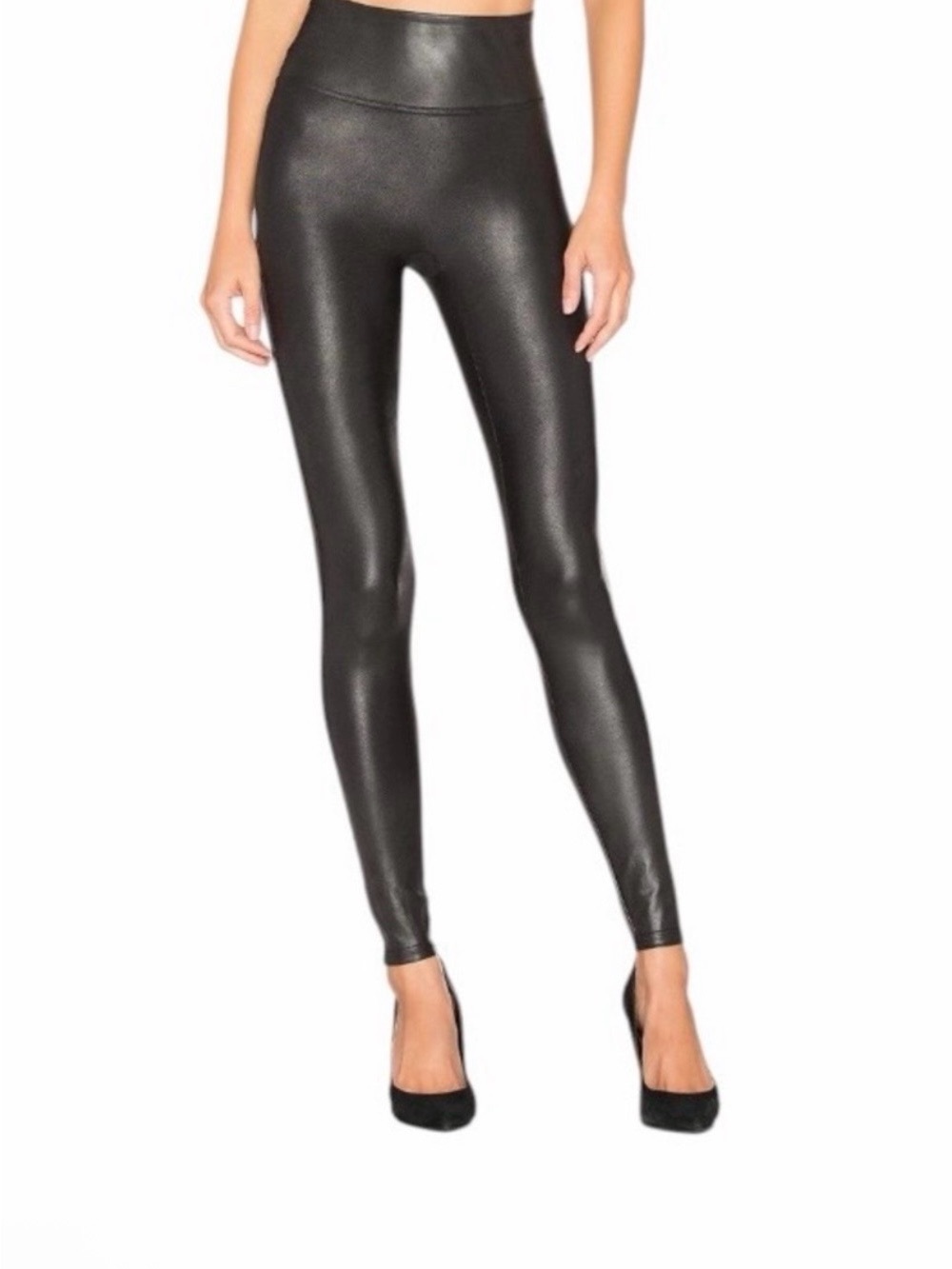 Spanx black faux leather nylon moto leggings size L